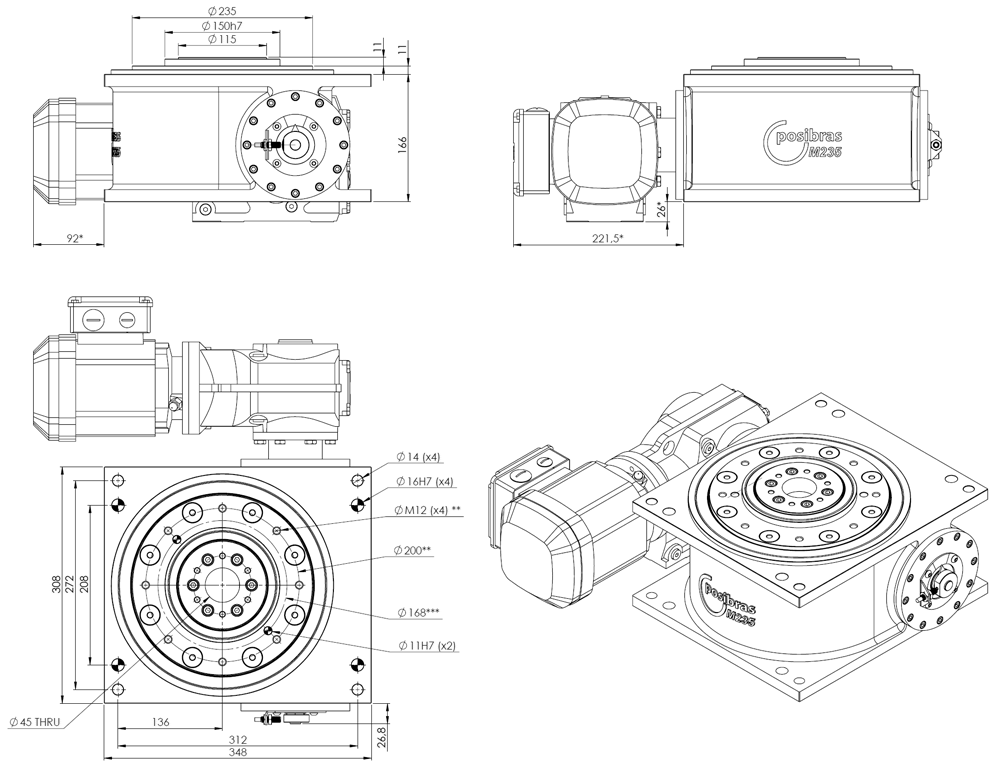 Principais dimensões da mesa indexadora M235 sistema imperial
