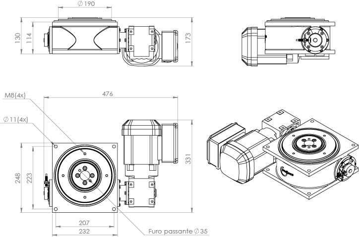 Dimensões da Mesa indexadora rotativa M190