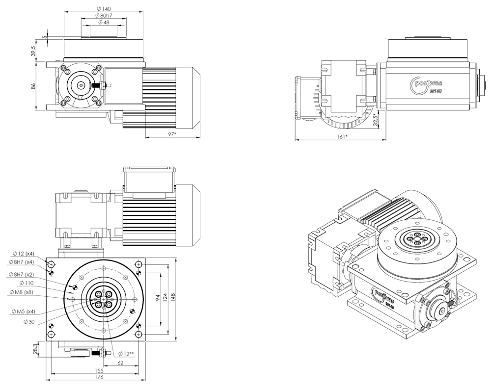 Principais dimensões da mesa indexadora M140 sistema imperial