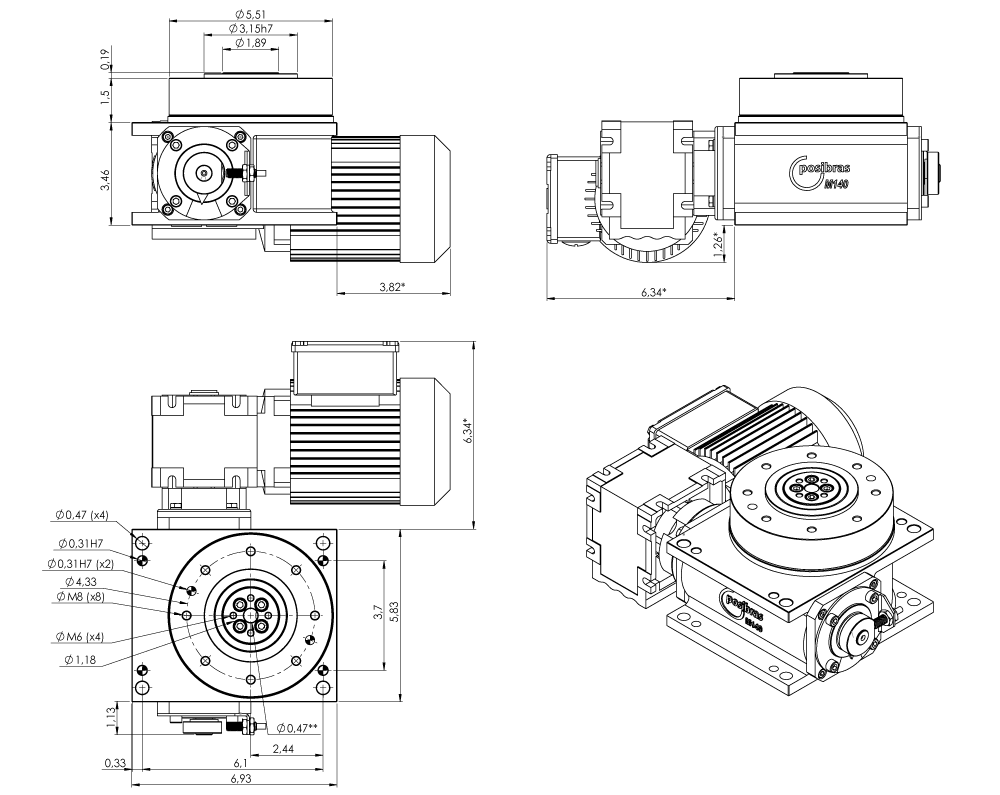 Principais dimensões da mesa indexadora M140 sistema imperial