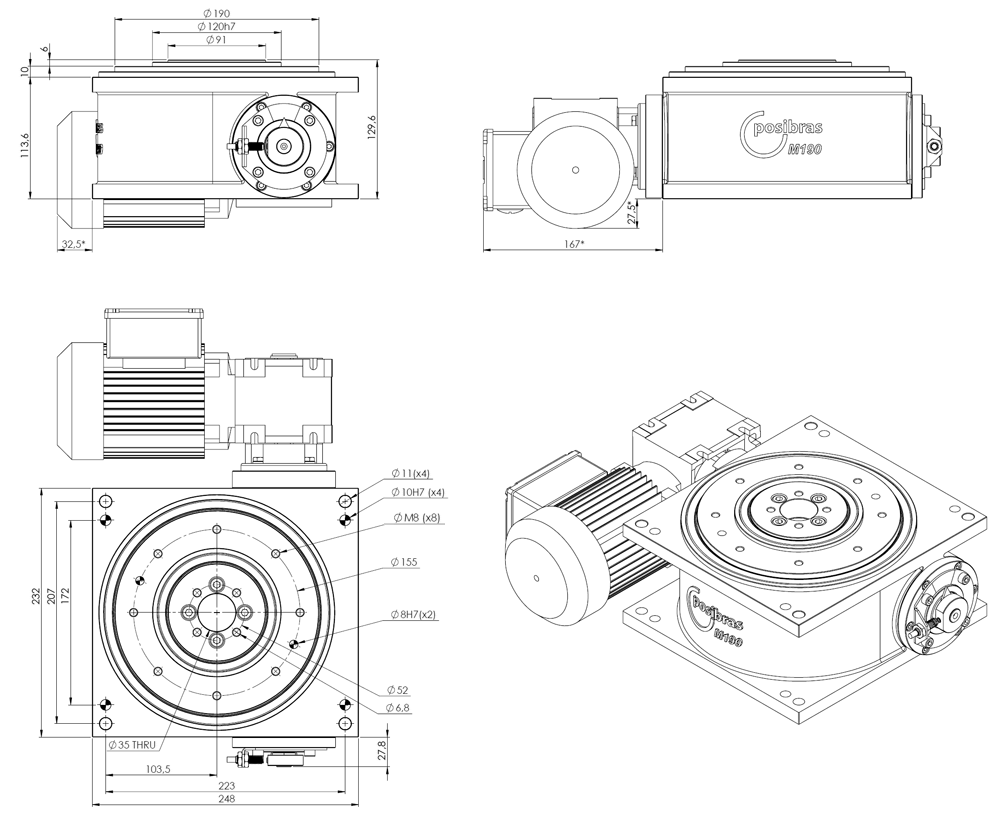 Principais dimensões da mesa indexadora M190 sistema imperial