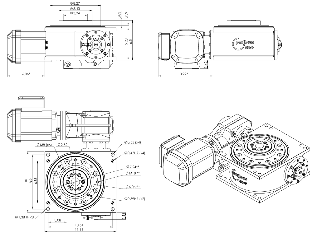 Principais dimensões da mesa indexadora M210 sistema imperial