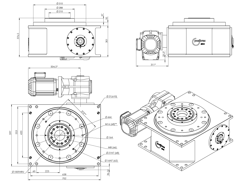 Principais dimensões da mesa indexadora M510 sistema métrico